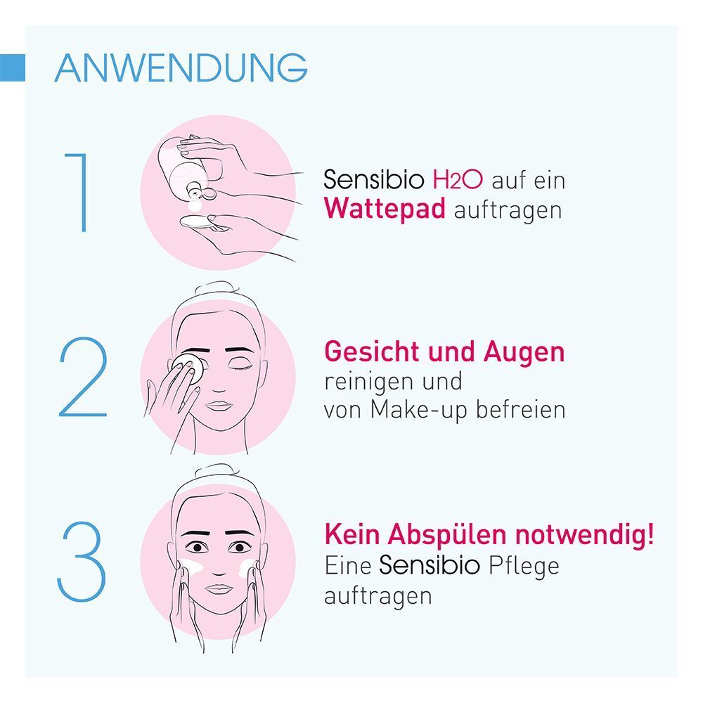 Anwendungsschritte: Auftragen auf Wattepad, Gesicht reinigen, kein Abspülen. Illustrationen mit Text.