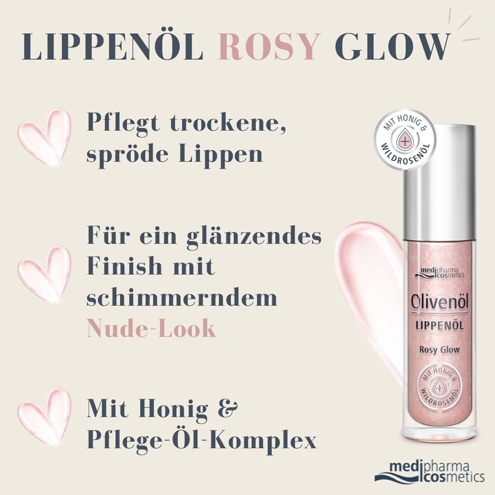 Lippenöl Rosy Glow mit Text. Pflegt trockene Lippen. Für glänzendes Finish. Mit Honig & Pflege-Öl-Komplex. Produktabbildung.