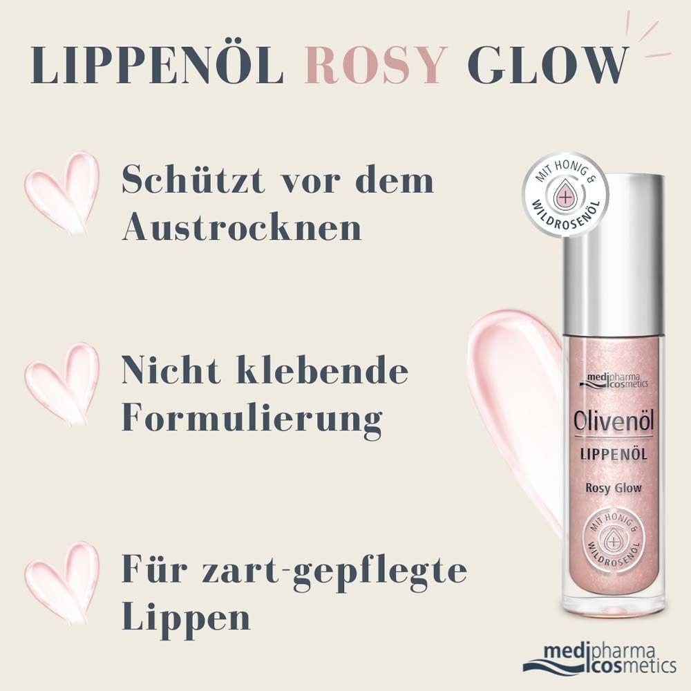 Lippenöl Rosy Glow mit Text. Schützt vor Austrocknen. Nicht klebende Formulierung. Für zart-gepflegte Lippen. Produktabbildung.