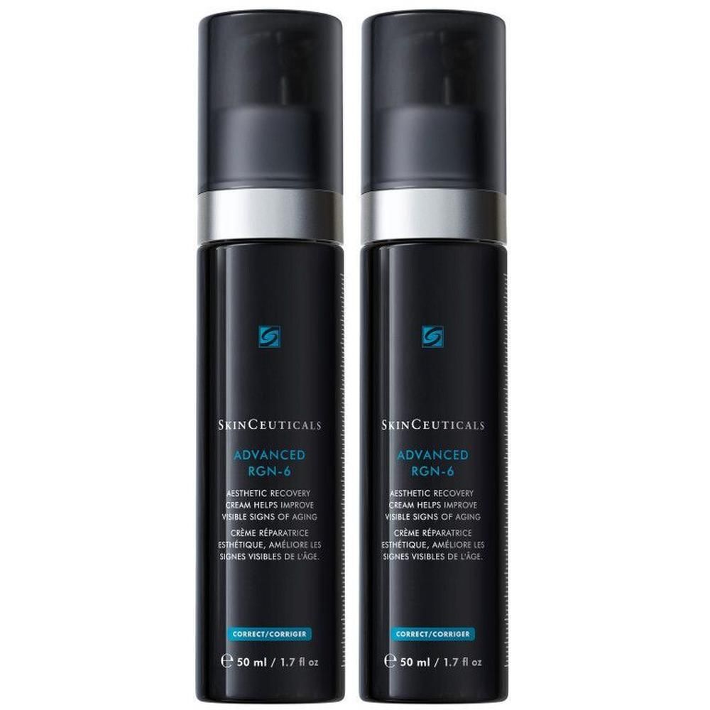 Zwei schwarze Flaschen mit Pumpverschluss. Aufschrift: Advanced RGN-6, Aesthetic Recovery Creme, 50 ml.