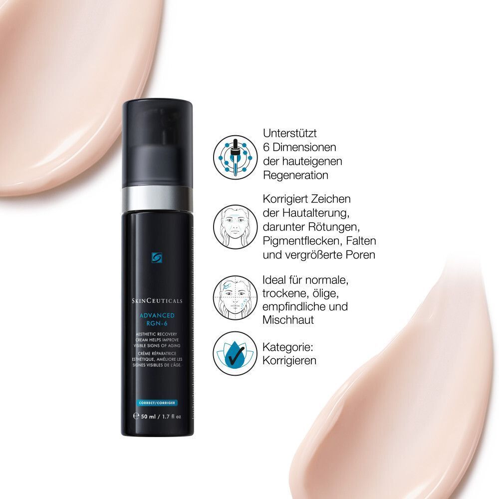 Schwarze Flasche mit Pumpverschluss. Text: Advanced RGN-6. Diagramm mit Informationen zur Regeneration und Hauttypen.