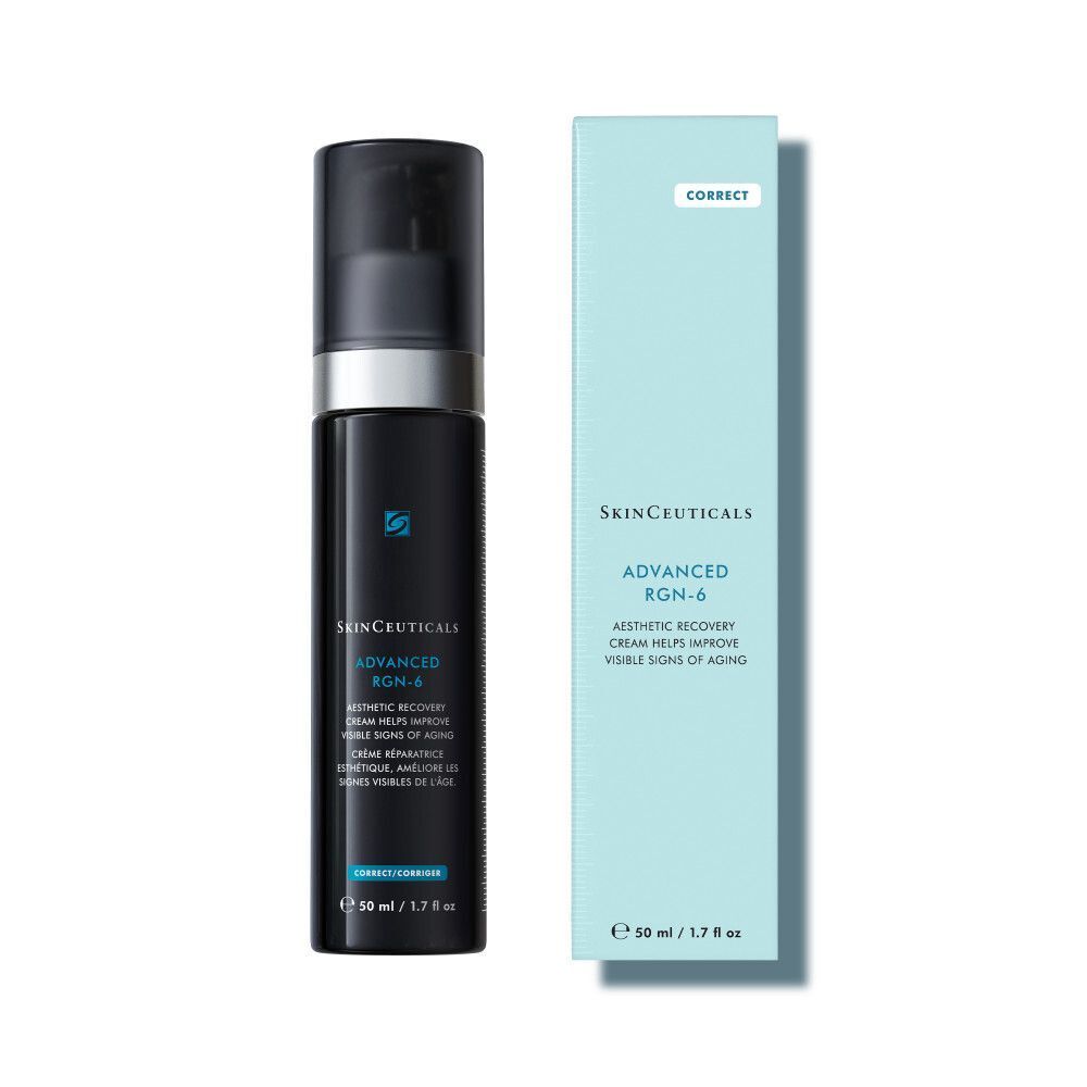 Schwarze Flasche mit Pumpverschluss und hellblauer Verpackung. Text: Advanced RGN-6, 50 ml.