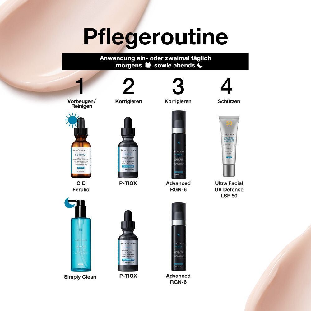 Pflegeroutine. Produkte: CE Ferulic, P-Tiox, Advanced RGN-6, Ultra Facial UV Defense LSF 50.