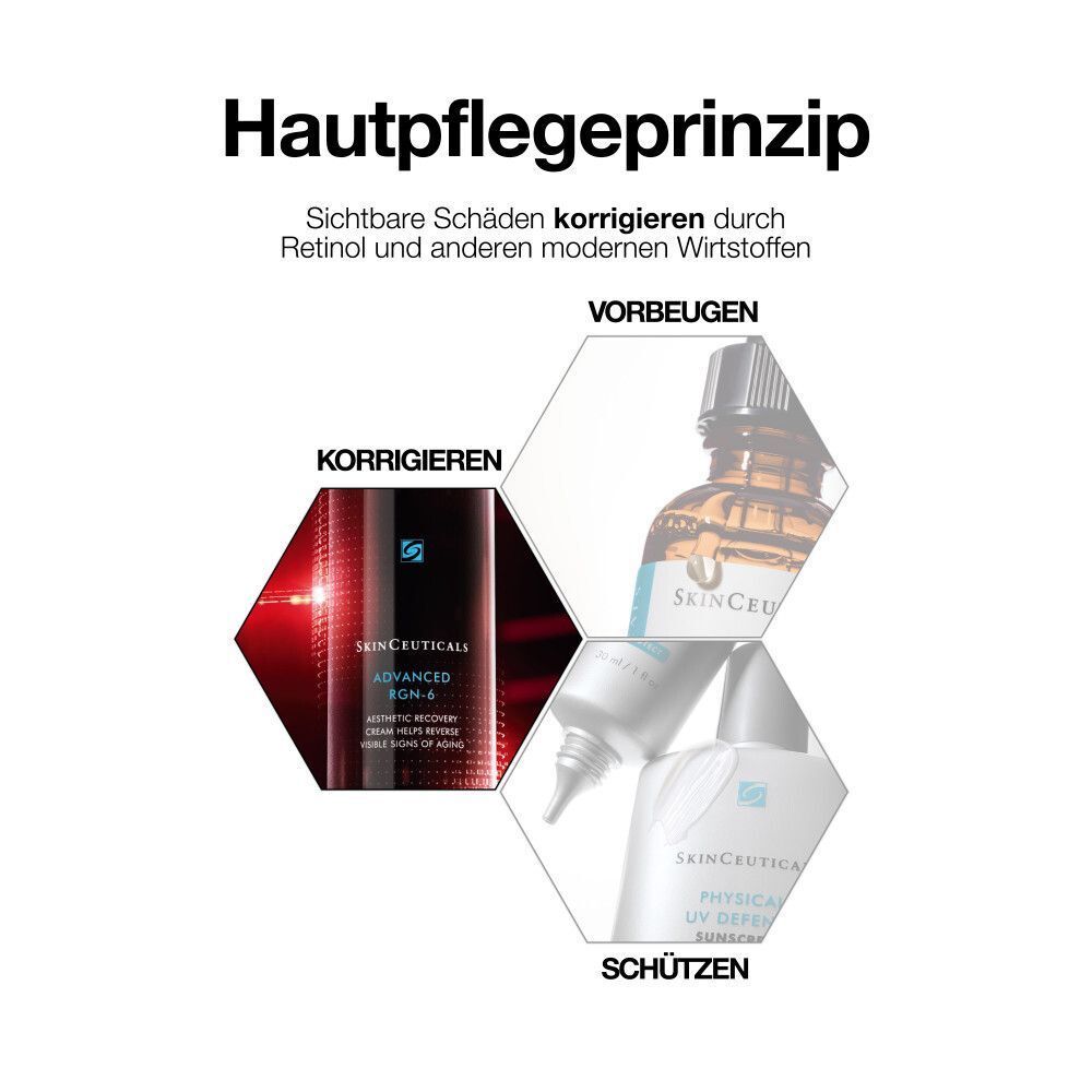 Hautpflegeprinzip. Produkte: Advanced RGN-6, Physaical UV Defense, CE Ferulic.