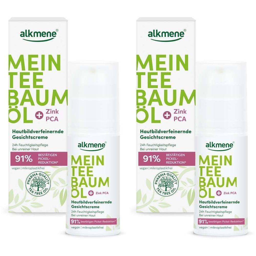 Zwei Packungen ALKMENE Mein Teebaumöl Gesichtscreme. Weiße Flaschen mit grüner und roter Schrift. Kartonverpackung.
