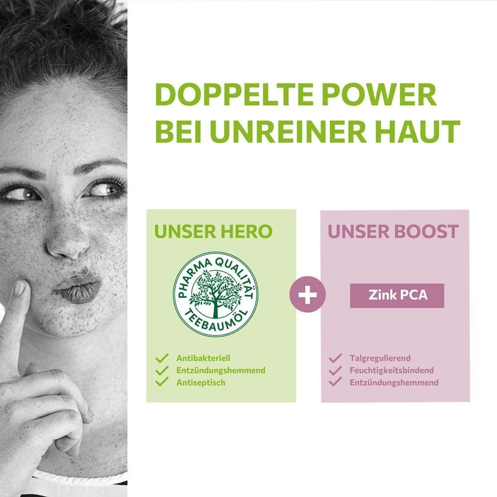 Frau mit Sommersprossen. Text: Unser Hero, Pharma Qualität Teebaumöl. Unser Boost, Zink PCA. Logos und Text.