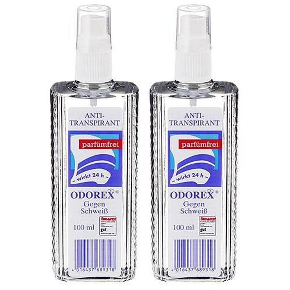 Zwei transparente Sprühflaschen mit weißem Sprühkopf. Aufkleber mit Text: Anti-Transpirant, parfumfrei, ODOREX gegen Schweiß, 100 ml.