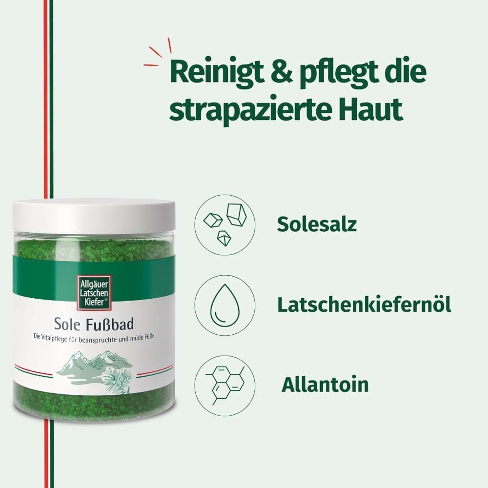 Behälter mit grünem Fußbadesalz. Daneben Illustrationen von Inhaltsstoffen: Kristalle, Tropfen, sechseckiges Symbol. Text.