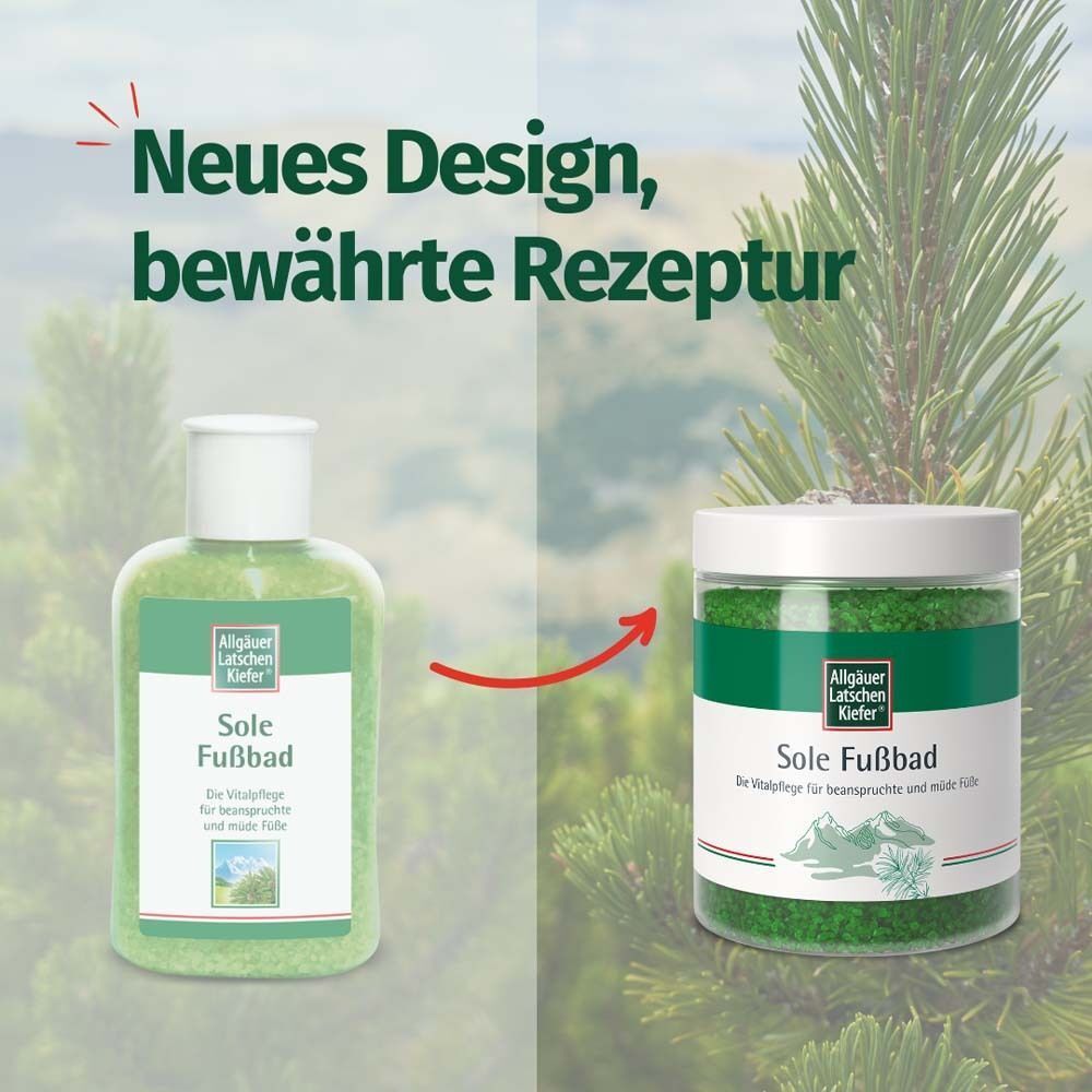 Vergleich von zwei Produktverpackungen. Links: Flasche. Rechts: Behälter mit grünem Fußbadesalz. Pfeil zeigt auf das neue Design.