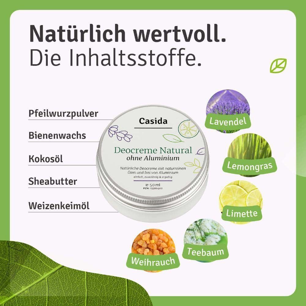 Dose Deocreme Natural ohne Aluminium. Inhaltsstoffe: Pfeilwurzpulver, Bienenwachs, Kokosöl, Sheabutter, Weizenkeimöl.