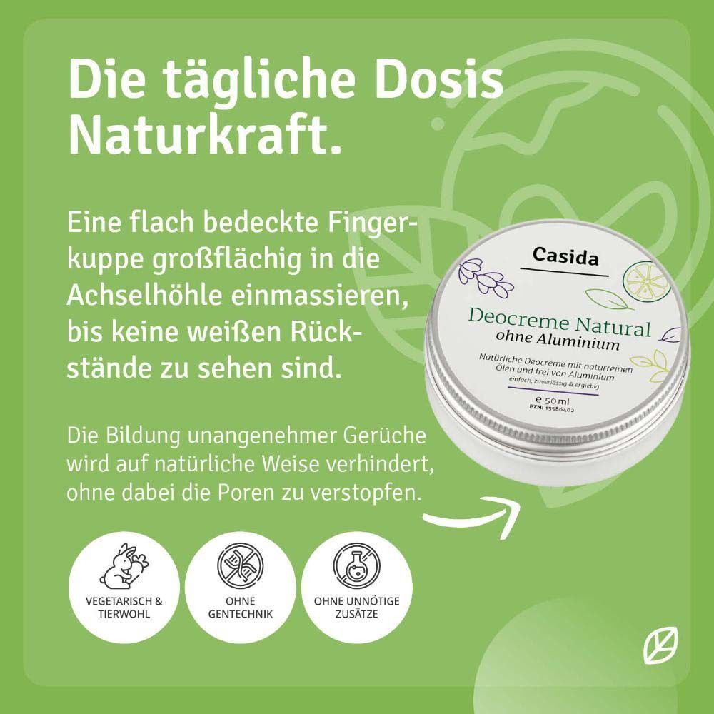 Dose Deocreme Natural ohne Aluminium. Text: Vegetarisch & Tierwohl, Ohne Gentechnik, Ohne unnötige Zusätze. Pfeil nach rechts.