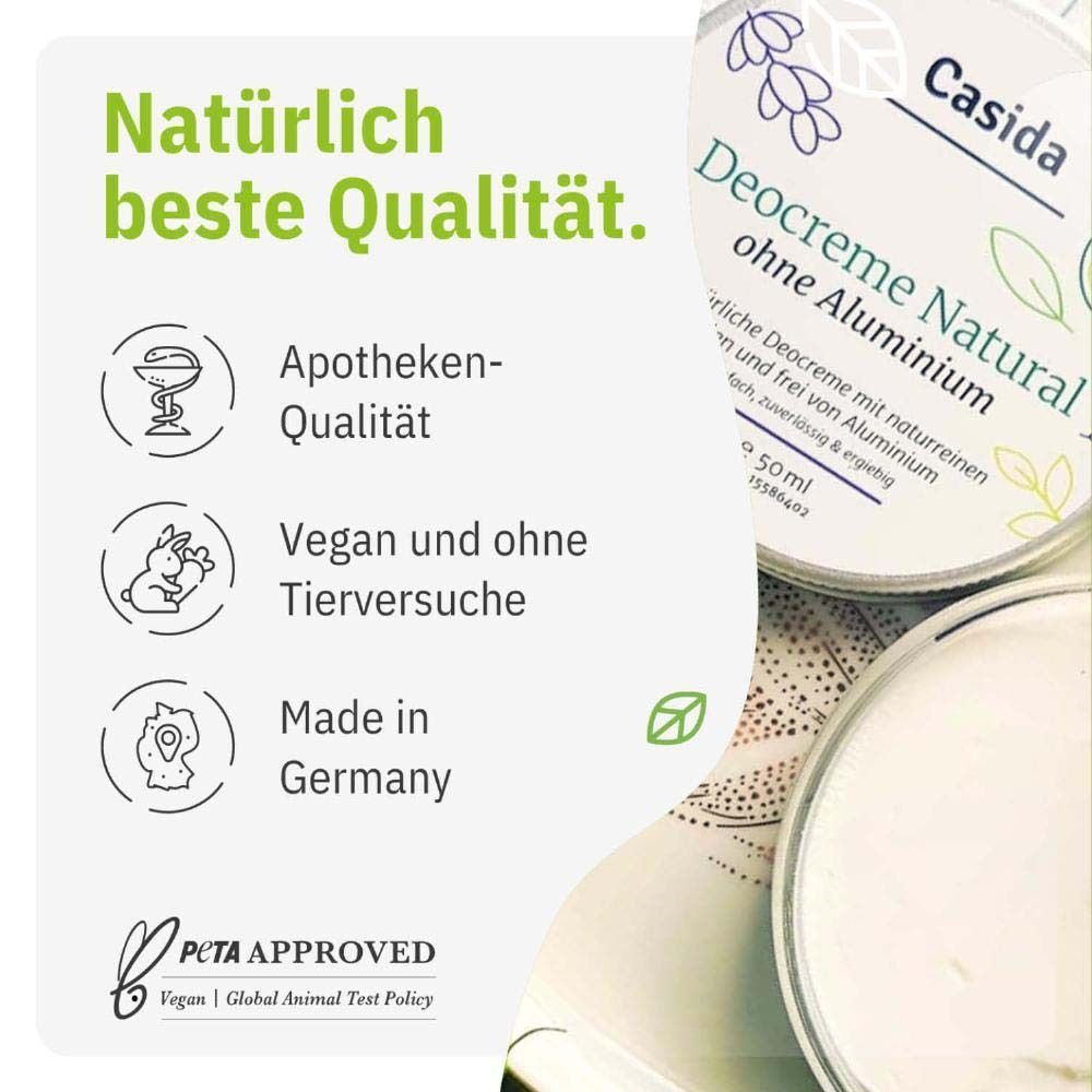 Dose Deocreme Natural ohne Aluminium. Text: Apotheken-Qualität, Vegan und ohne Tierversuche, Made in Germany. PETA-Logo.