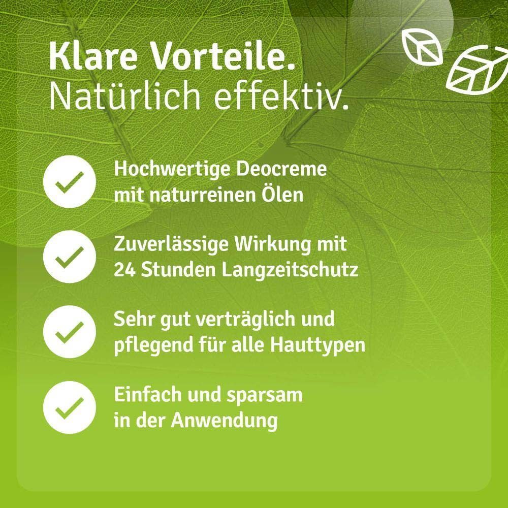 Dose Deocreme Natural ohne Aluminium. Text: Hochwertige Deocreme mit naturreinen Ölen, Zuverlässige Wirkung mit 24 Stunden Langzeitschutz.
