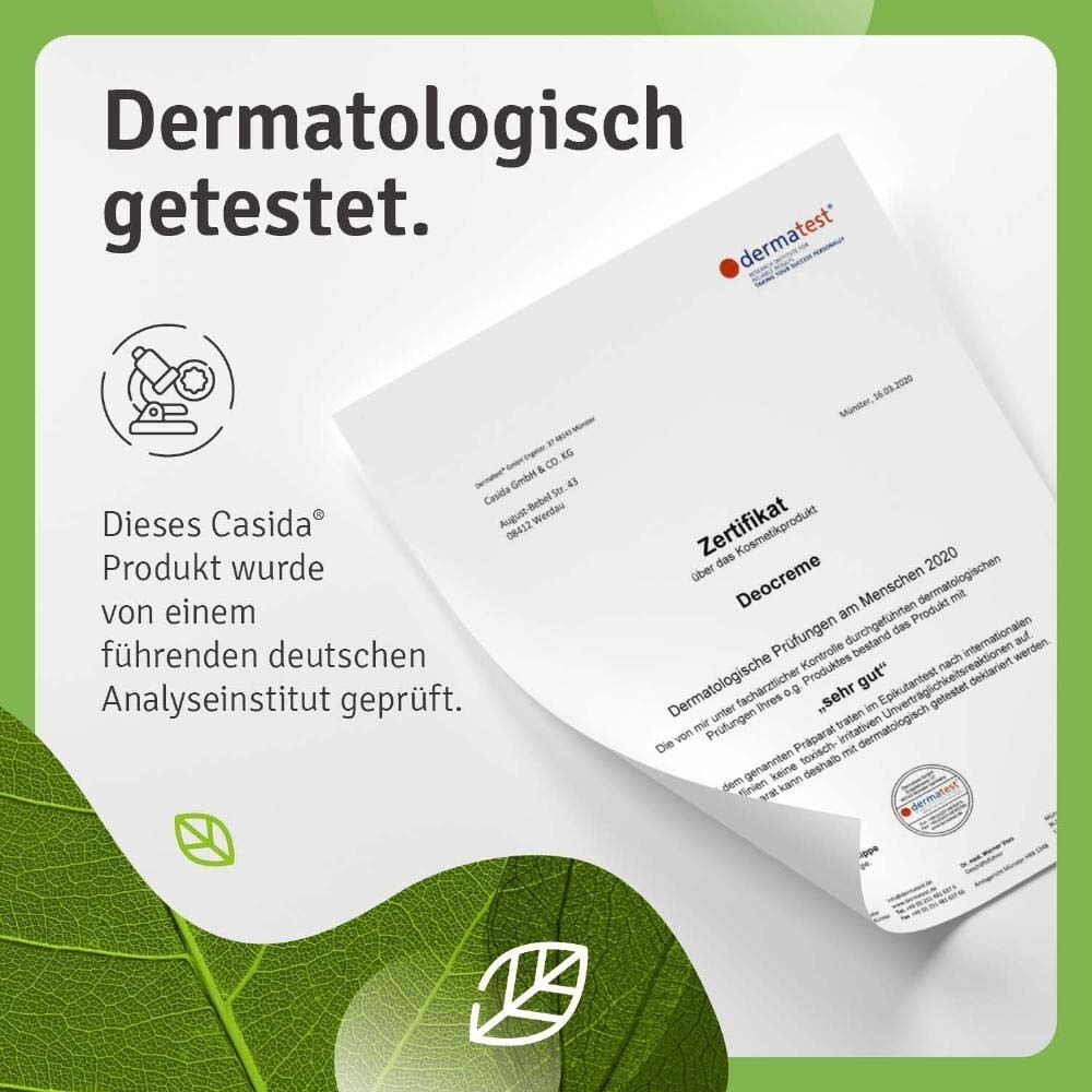Zertifikat von Dermatest. Text: Dieses Casida Produkt wurde von einem führenden deutschen Analyseinstitut geprüft.