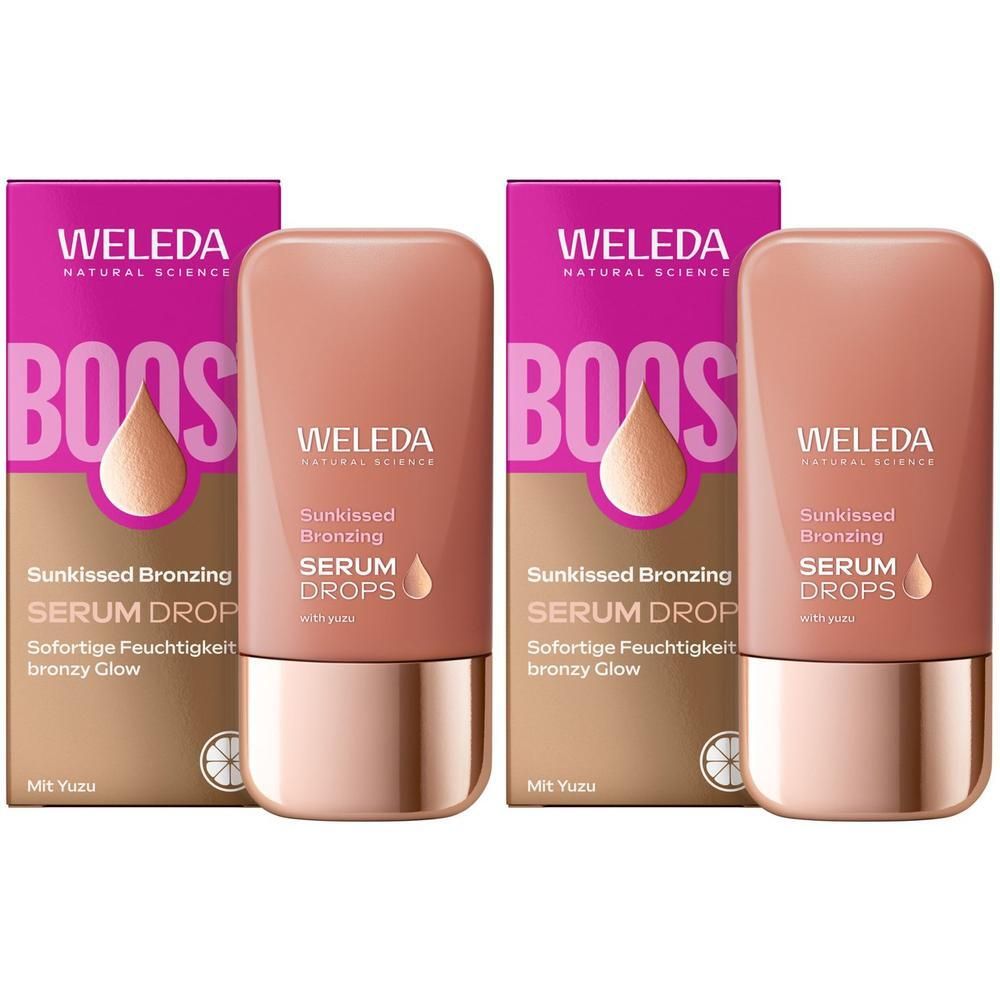 Zwei Packungen WELEDA Sunkissed Bronzing Serum Drops. Rosa Flaschen mit braunen Kartons. Aufschrift: Serum Drops, bronzy Glow.