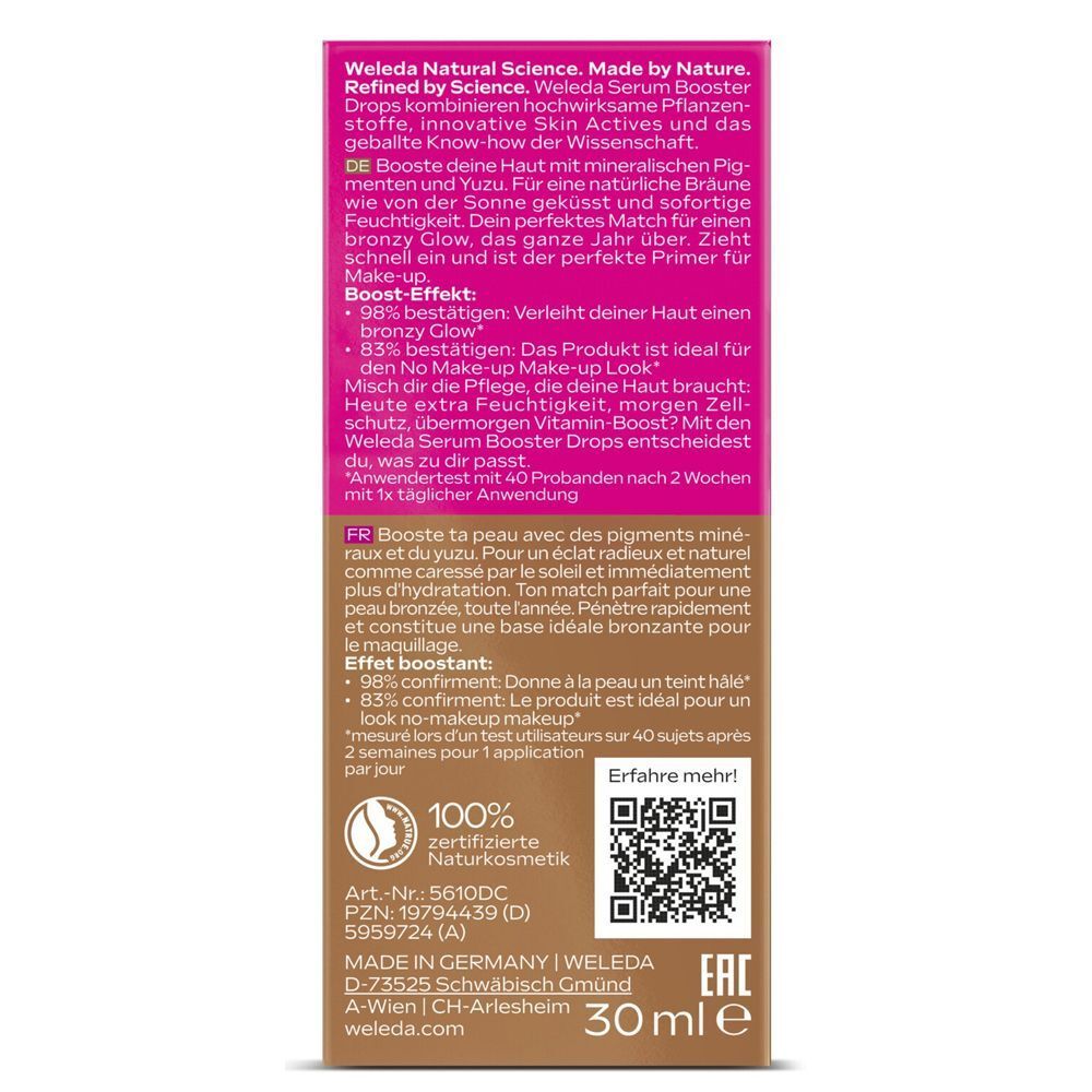 Rückseite der Verpackung. Text: Weleda Serum Drops, Inhaltsstoffe, Zertifizierung, QR-Code, 30 ml. Hergestellt in Deutschland.