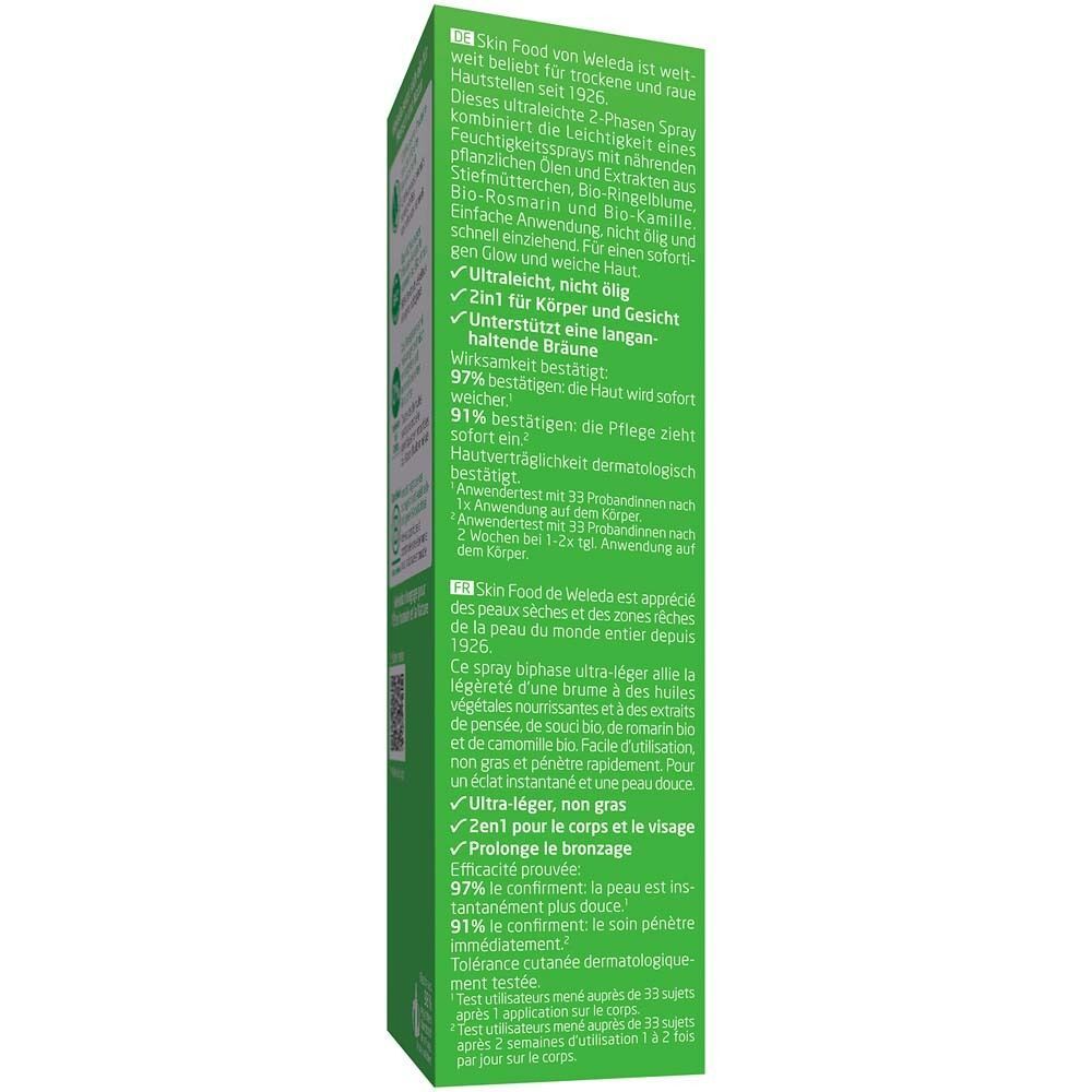 Grüne Produktverpackung mit Text. Enthält Informationen über WELEDA Skin Food Ultra-Light Dry Oil. Vegan-Siegel.