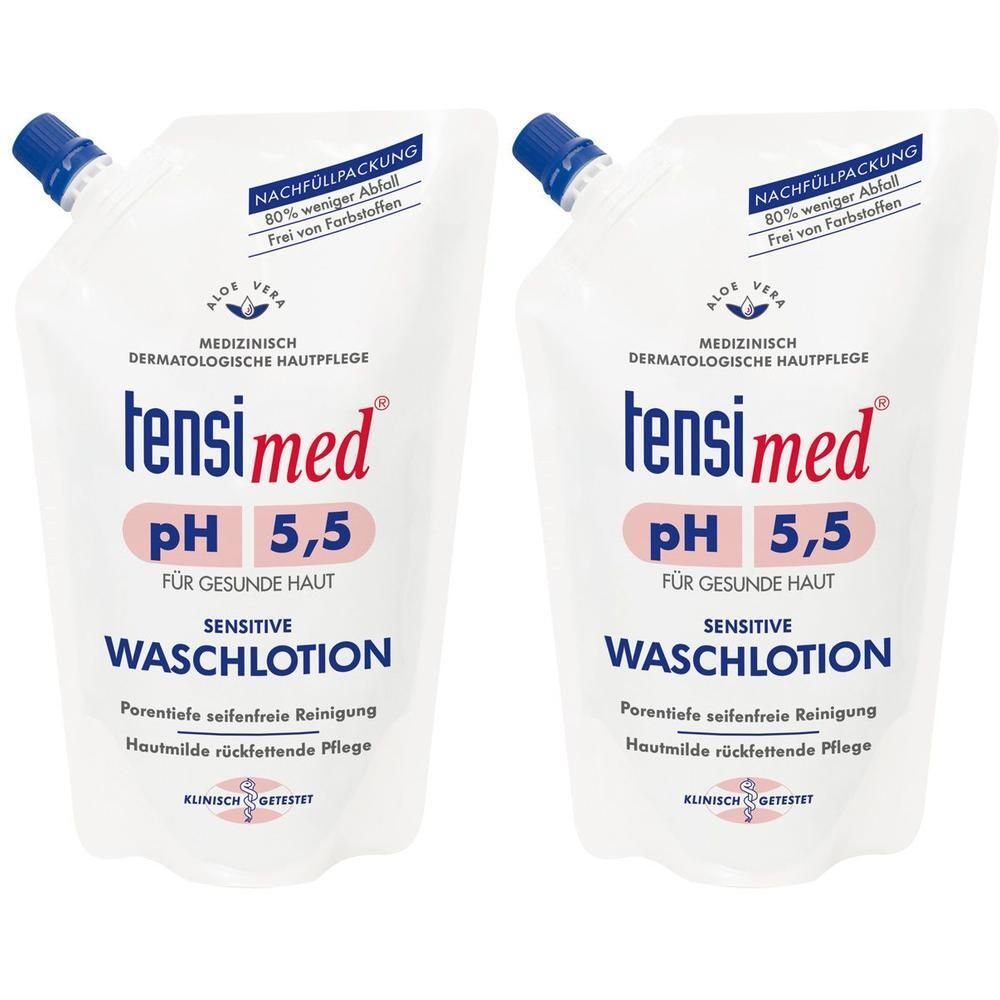 Zwei weiße Nachfüllpackungen mit blauem Verschluss. Aufdruck: tensi med pH 5,5 Waschlotio. Medizinische Hautpflege.