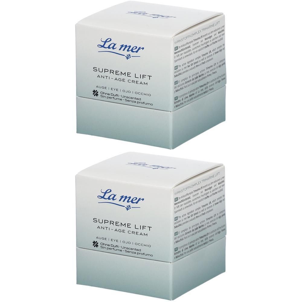 Zwei quadratische Faltschachteln. Aufschrift: La mer, Supreme Lift Anti-Age Cream. Augencreme. Ohne Duft.