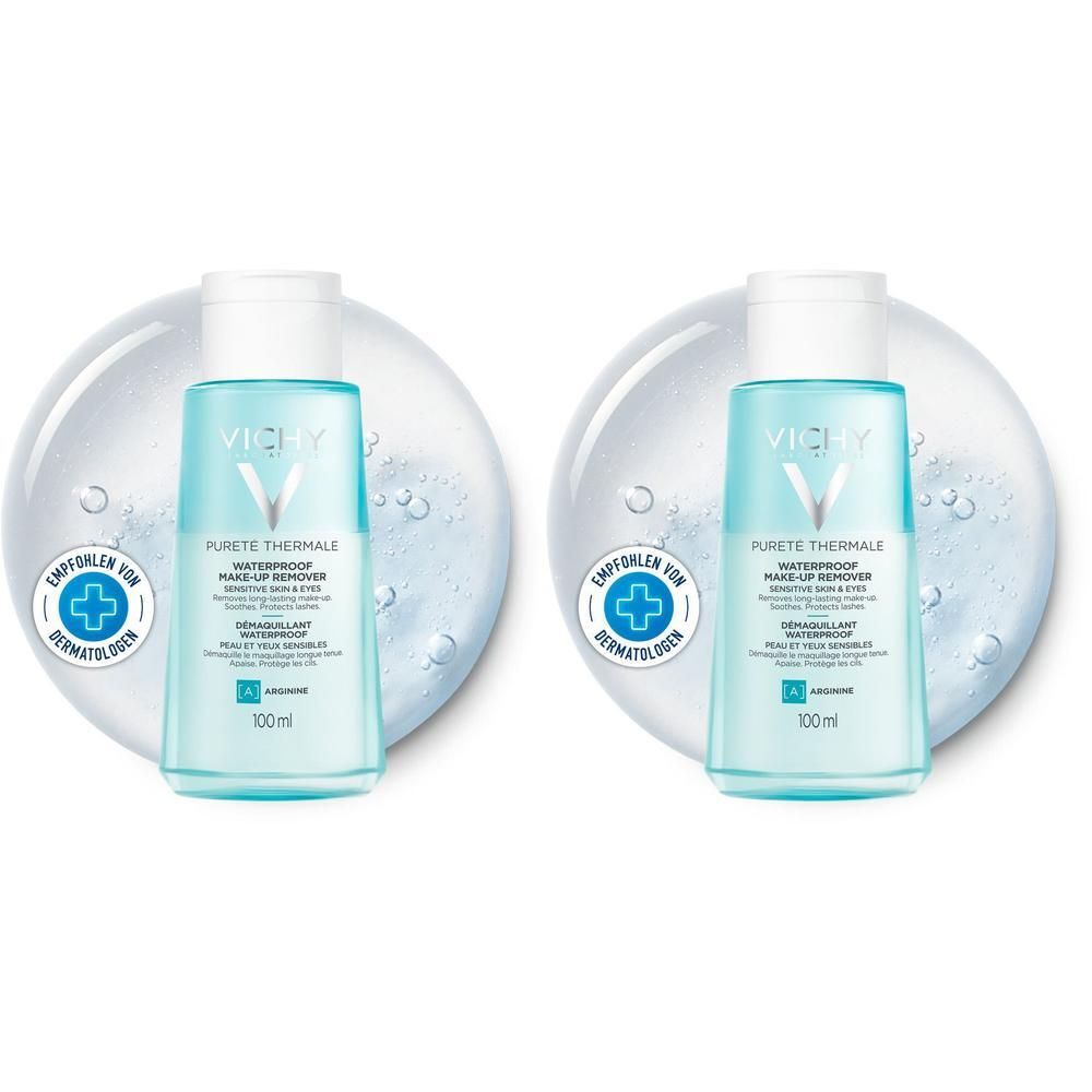 Zwei Flaschen VICHY PURETE Thermale Augen Make-up Ent.wasserf. mit blauer Flüssigkeit. Aufschrift: Waterproof Make-up Remover.