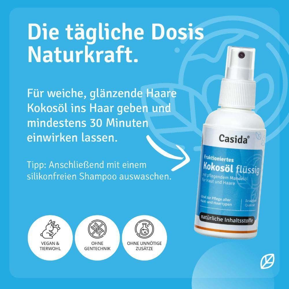 Weiße Sprühflasche mit blauem Etikett. Aufschrift: Kokosöl flüssig, Casida. Vegan, ohne Gentechnik, ohne Zusätze.