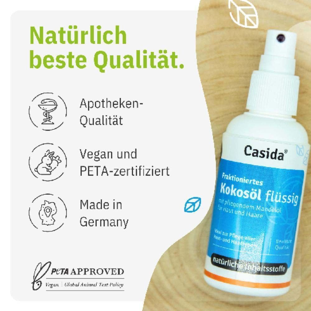 Weiße Sprühflasche mit blauem Etikett. Aufschrift: Kokosöl flüssig, Casida. Apotheken-Qualität, vegan, PETA-zertifiziert.