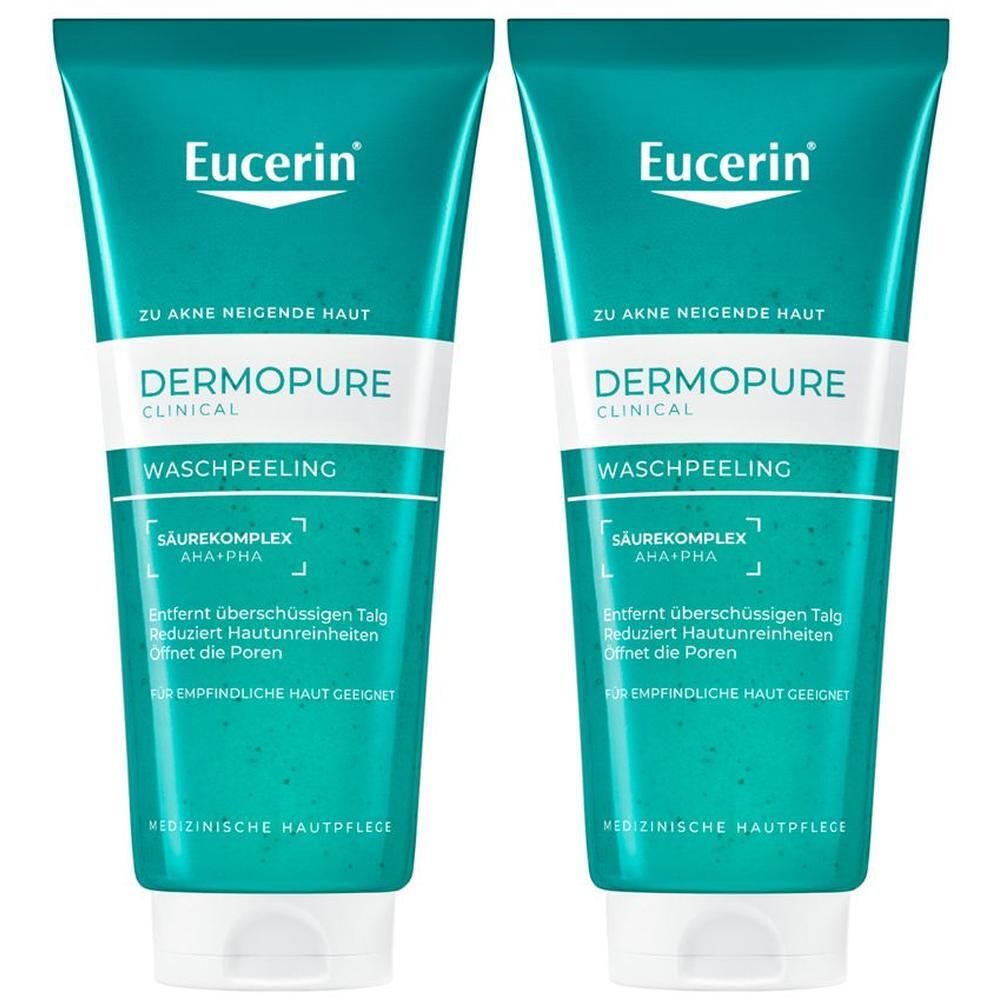 Zwei Eucerin Dermopure Clinical Waschpeeling Tuben mit AHA+PHA Säurekomplex.