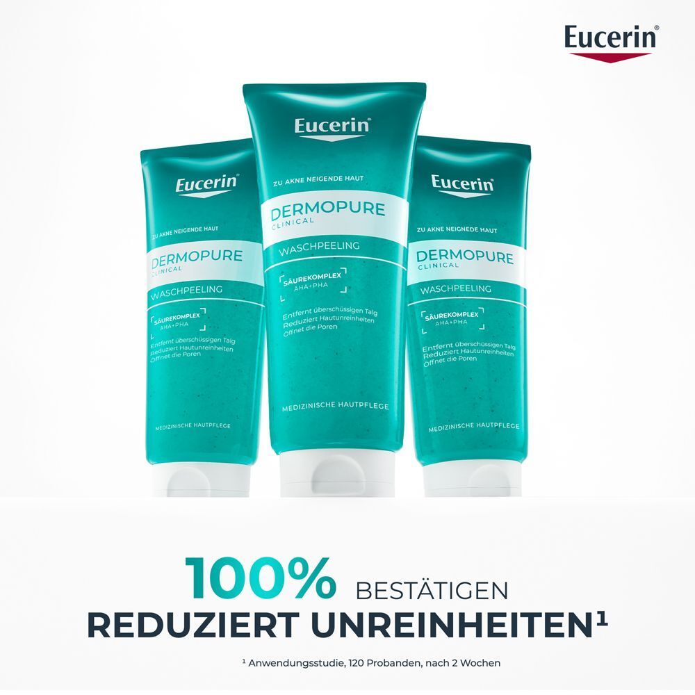 Drei Eucerin Dermopure Clinical Waschpeeling Tuben auf weißem Hintergrund.