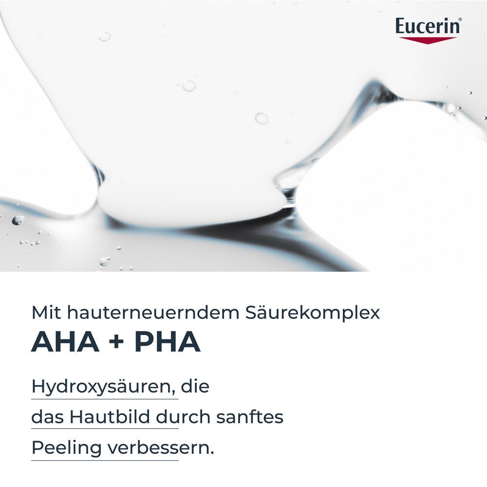AHA + PHA Säurekomplex in Eucerin Dermopure verbessert das Hautbild durch Peeling.