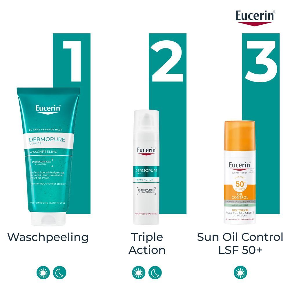 Eucerin Dermopure Pflegeroutine: Waschpeeling, Triple Action, Sun Oil Control LSF 50+.
