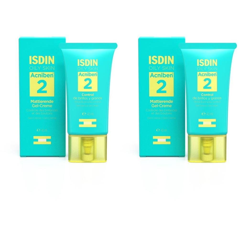 Zwei Packungen und Tuben ISDIN Acniben mattierend Gel-Creme. Türkis-farbene Verpackung und Tube mit gelbem Verschluss.