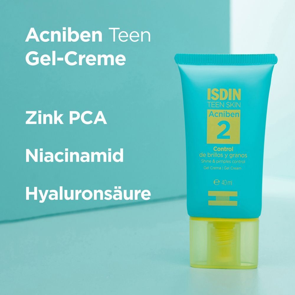 Tube ISDIN Acniben Teen Skin Acniben 2 Gel-Creme. Türkis-farbene Tube mit gelbem Verschluss. Text: Zink PCA, Niacinamid, Hyaluronsäure.