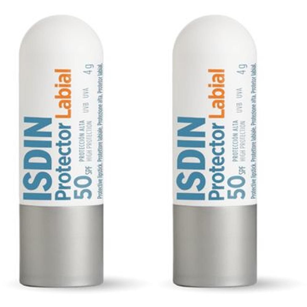 Zwei Lippenbalsam-Stifte. Weiß-silberne Hülle mit orangefarbener Schrift: ISDIN Protector Labial 50 SPF. 4g.