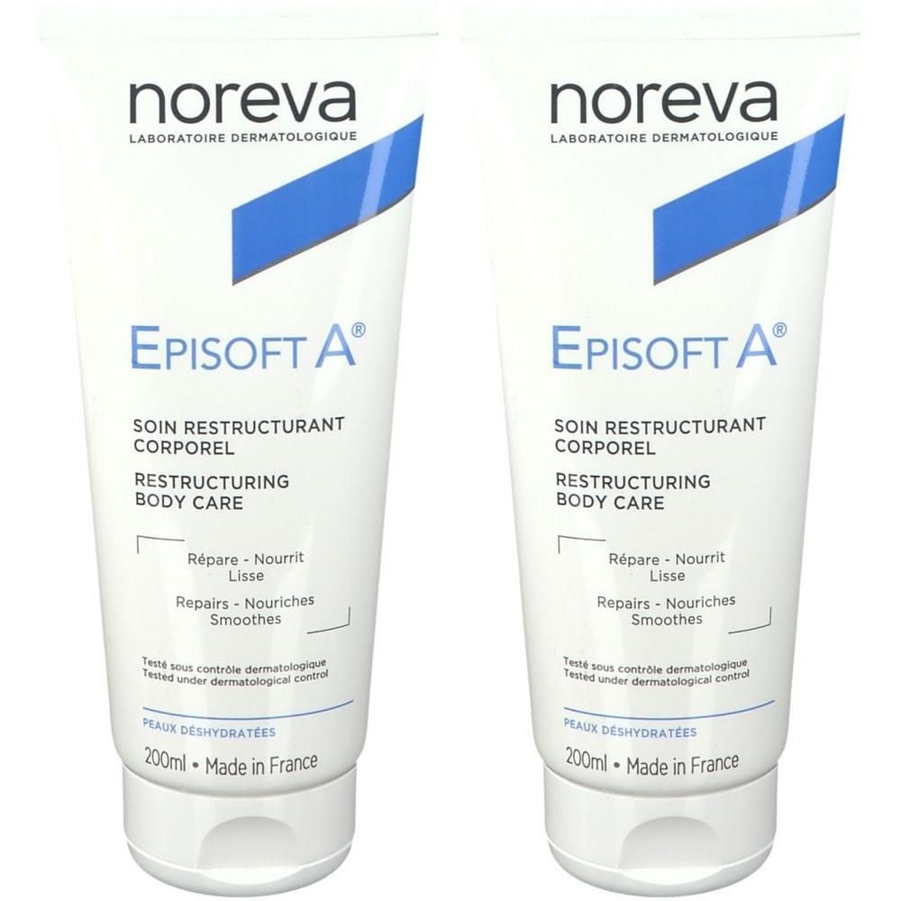 Zwei Tuben noreva Episoft A. Weiße Tuben mit blauen Akzenten. Text: Episoft A, Restructuring Body Care, 200ml, Made in France.