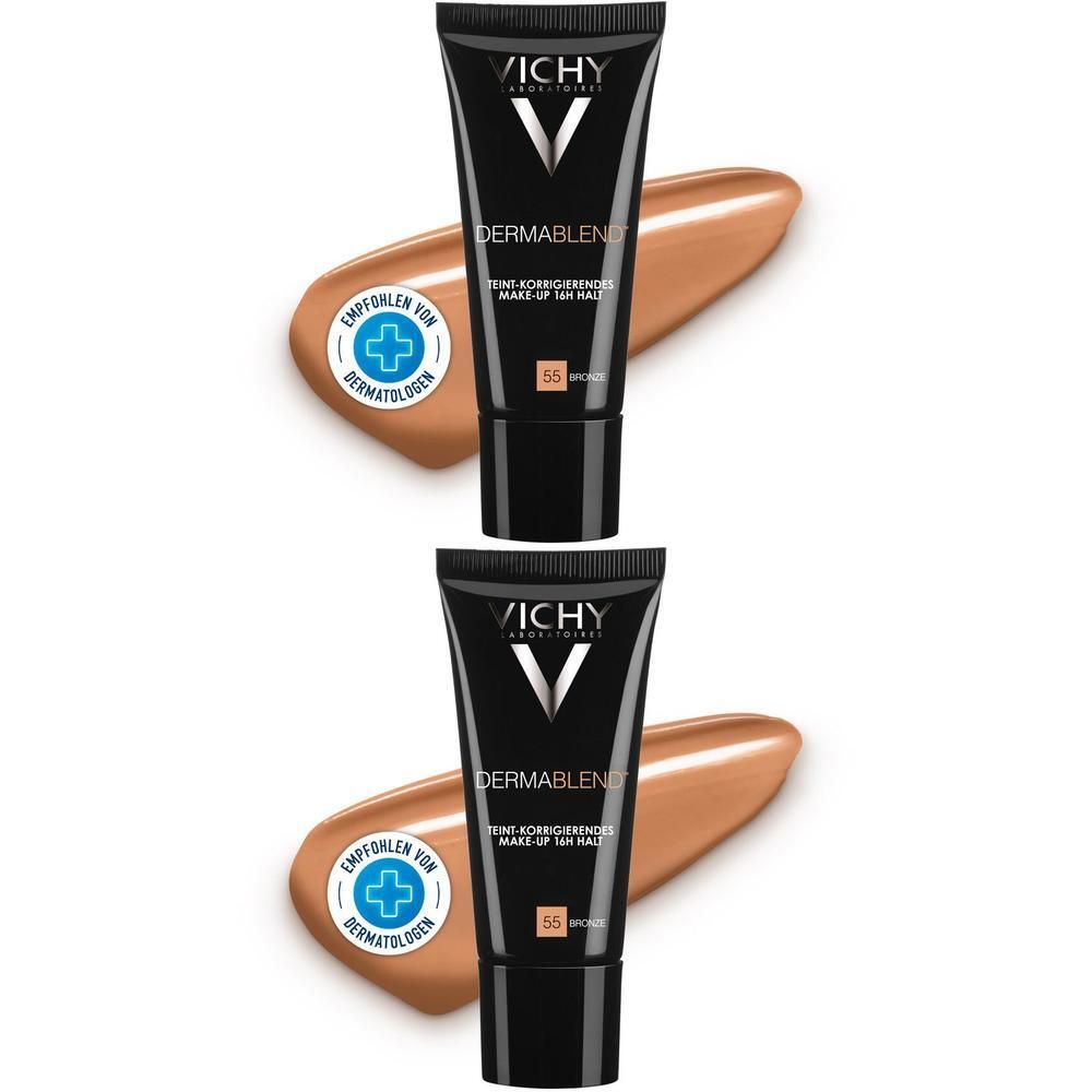 Zwei Tuben VICHY DERMABLEND Make-up 55 Bronze. Farbton-Abstriche daneben. Aufdruck: Empfohlen von Dermatologen.