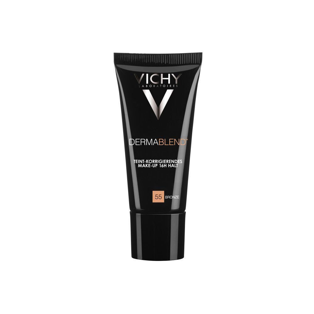 Eine Tube VICHY DERMABLEND Make-up 55 Bronze. Schwarze Tube mit weißem Logo und Schriftzug.