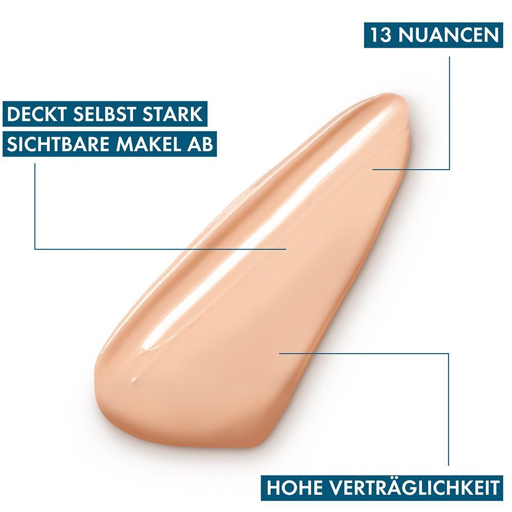 Farbton-Abstrich. Text: Deckt selbst stark sichtbare Makel ab. 13 Nuancen. Hohe Verträglichkeit.