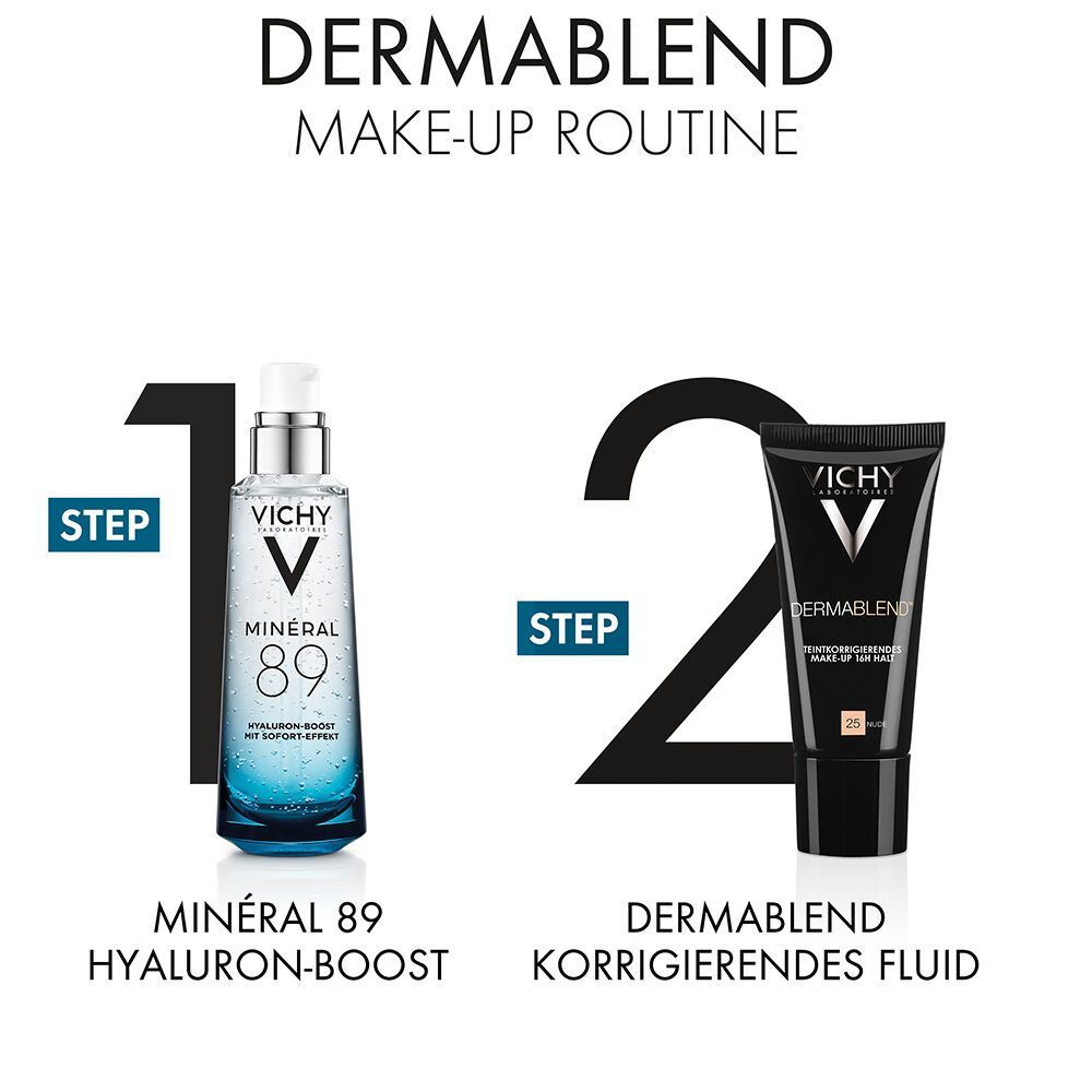 Make-up-Routine. Schritt 1: Minéral 89 Hyaluron-Boost. Schritt 2: DERMABLEND korrigierendes Fluid.