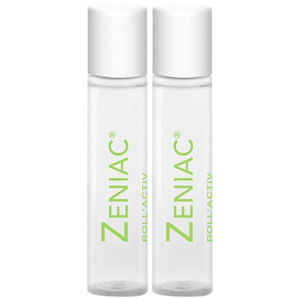 Zwei transparente Flaschen mit weißen Kappen. Aufschrift Zeniac Roll'Activ in Grün.