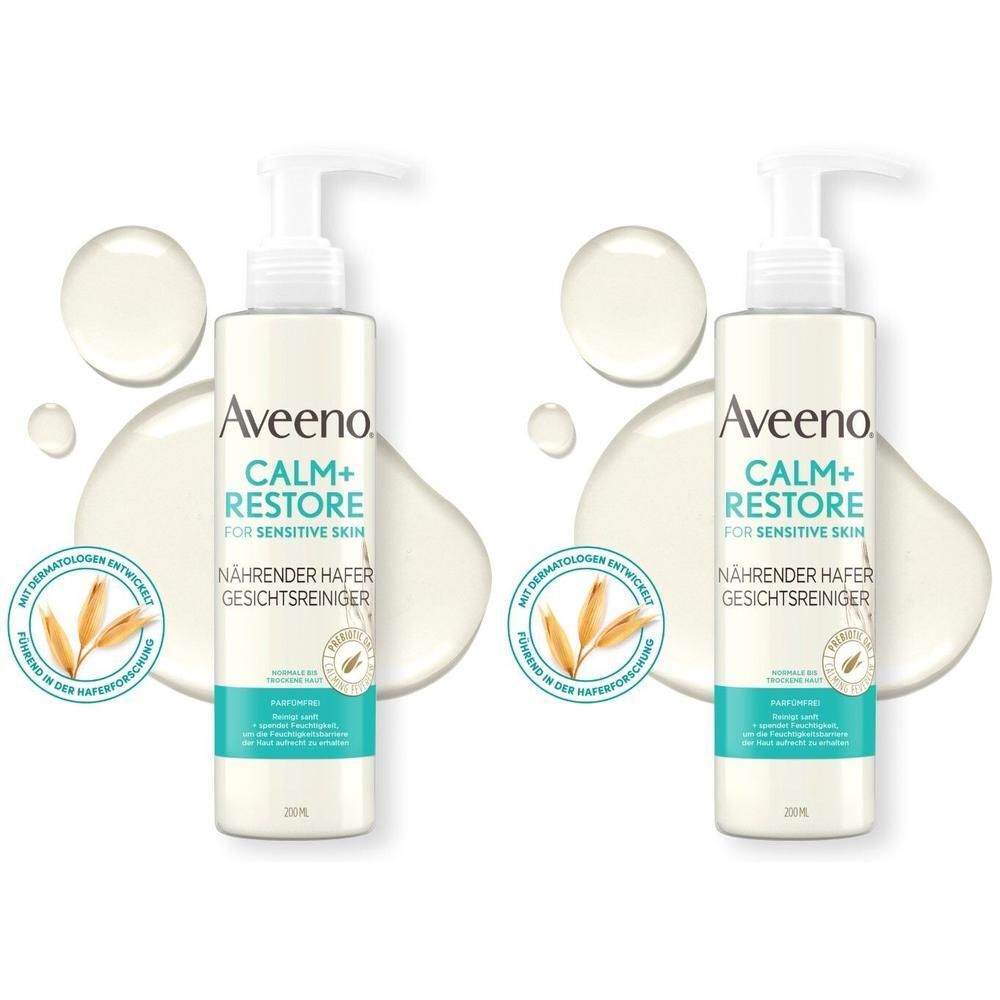 Zwei Flaschen AVEENO Calm+ Restore Gesichtsreiniger mit Pumpverschluss. Aufschrift: Nährender Hafer Gesichtsreiniger. Mit Hafer-Logo.