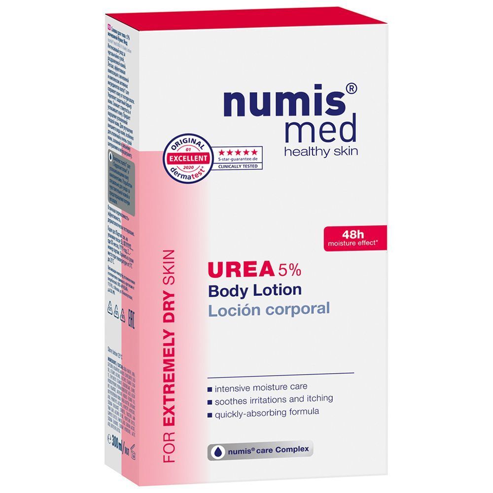 Verpackung von NUMIS med Urea 5% Body Lotion. Weiße Schachtel mit rotem Deckel. Aufschrift: Urea 5% und weitere Informationen.