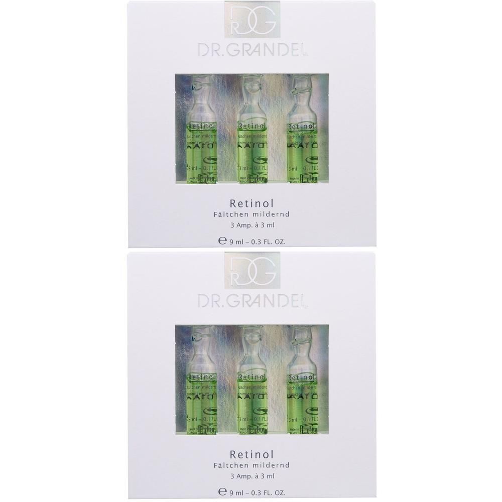 Zwei Packungen mit je drei Ampullen. Aufschrift: DR. GRANDEL, Retinol. Jede Ampulle ist grün gefüllt.