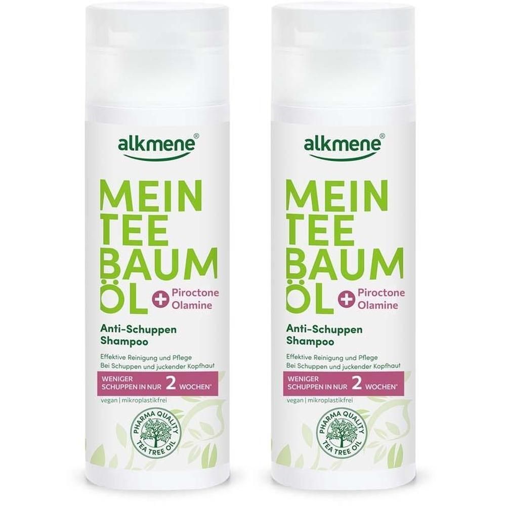 Zwei Flaschen Anti-Schuppen Shampoo. Weißer Flaschenkörper mit grünem und pinkfarbenem Etikett. Text: ALKMENE Mein Teebaumöl.
