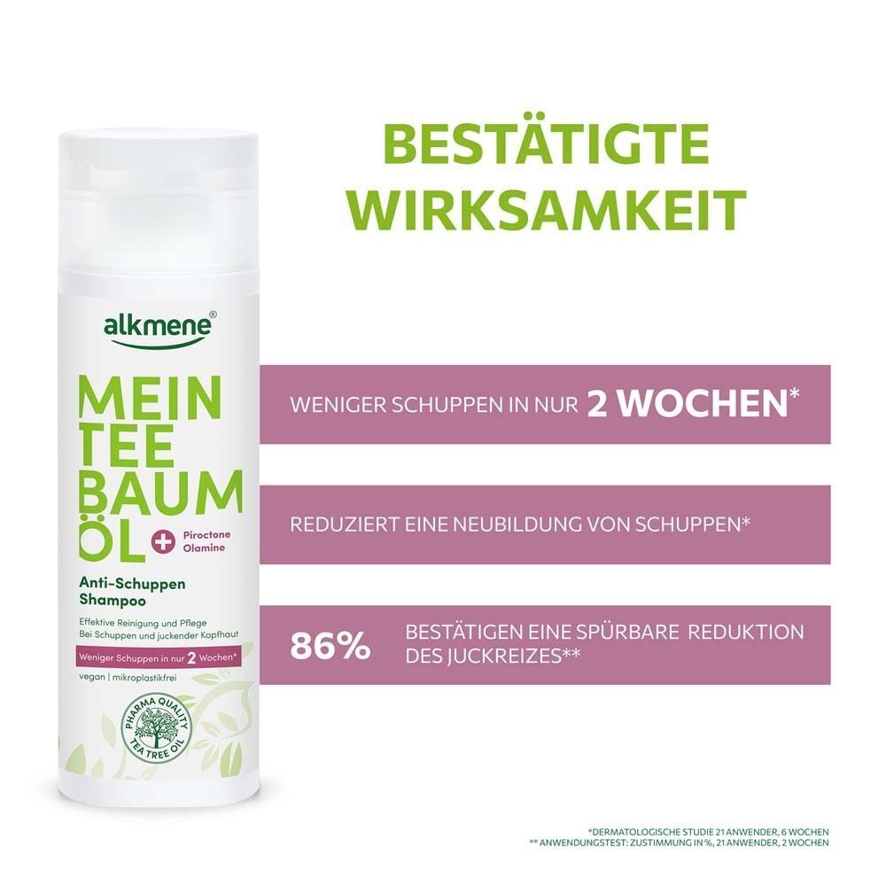 Eine Flasche Anti-Schuppen Shampoo. Text: Bestätigte Wirksamkeit. Weniger Schuppen in 2 Wochen. Reduziert Neubildung von Schuppen.