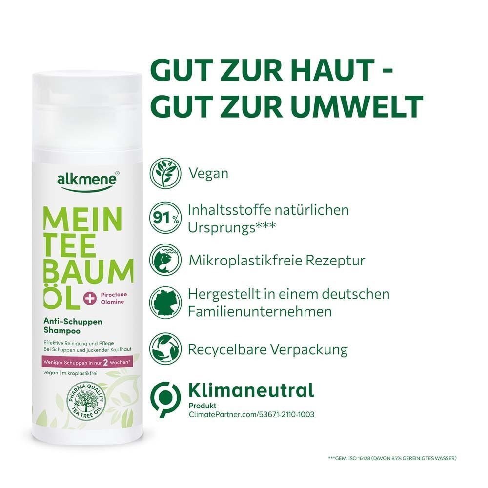 Eine Flasche Anti-Schuppen Shampoo. Text: Gut zur Haut - gut zur Umwelt. Vegan, Inhaltsstoffe natürlichen Ursprungs, recycelbare Verpackung.
