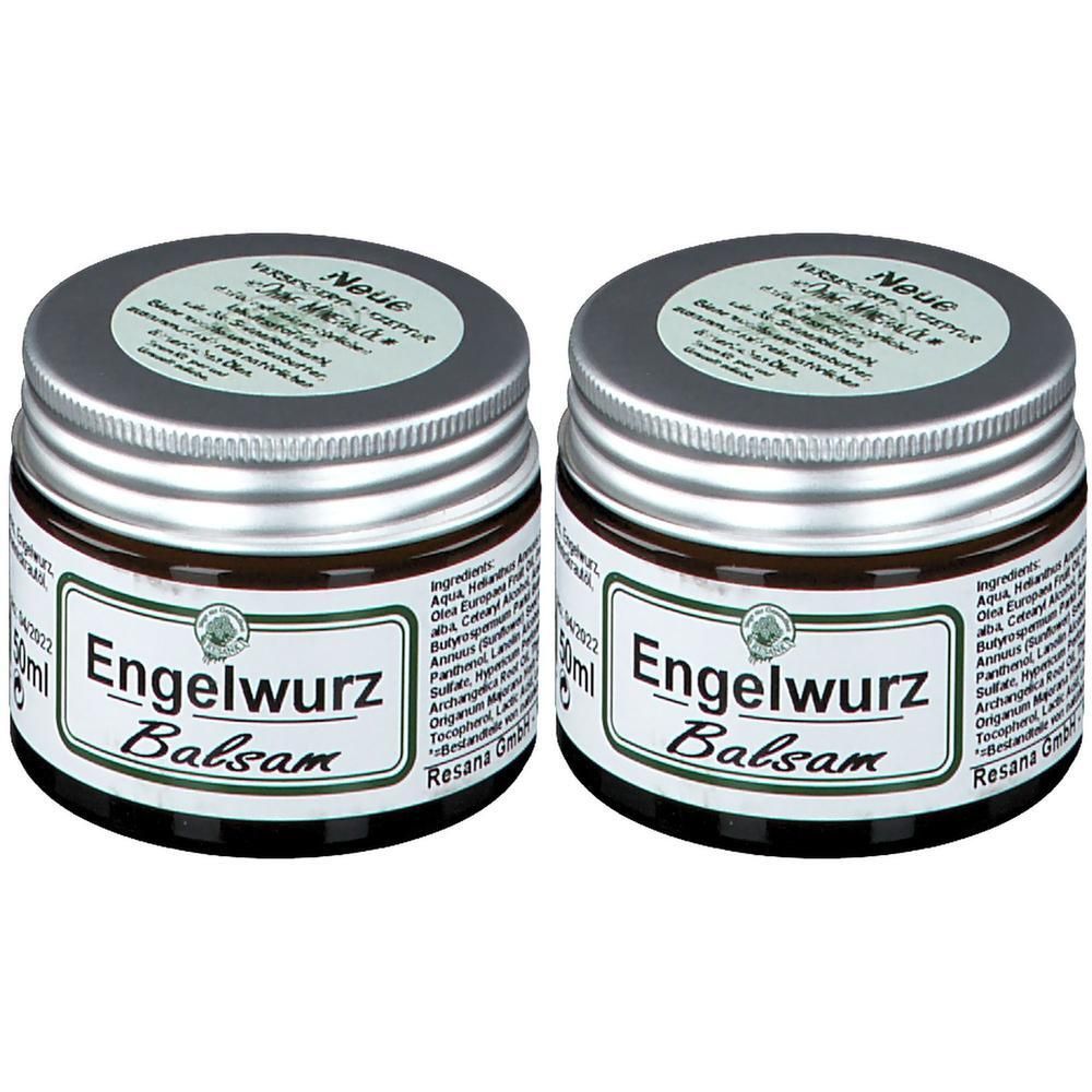 Zwei Gläser Engelwurz Balsam. Braunes Balsam in Glasbehältern mit silbernen Deckeln. Beschriftung: Engelwurz Balsam, Resana GmbH.