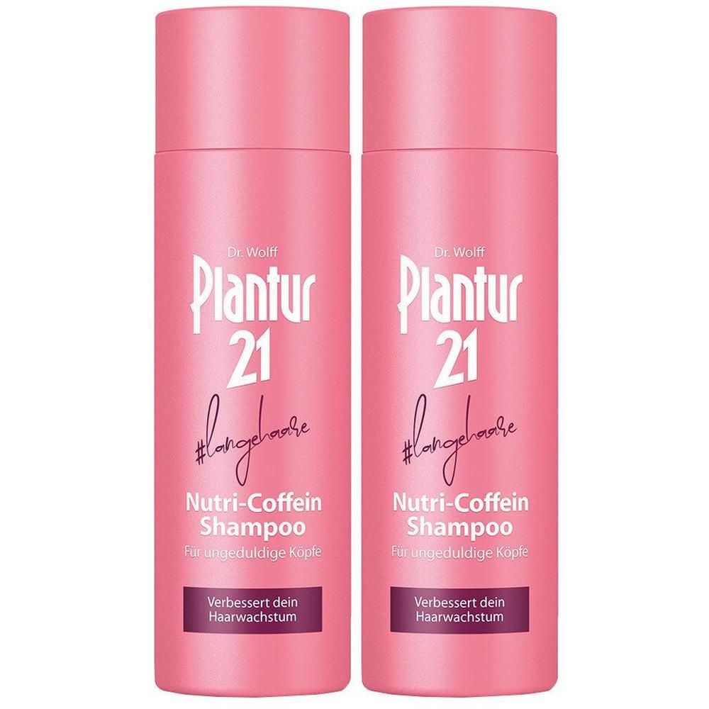 Zwei rosa Flaschen Shampoo. Auf jeder Flasche steht "Plantur 21 Nutri-Coffein Shampoo" und "Verbessert dein Haarwachstum".