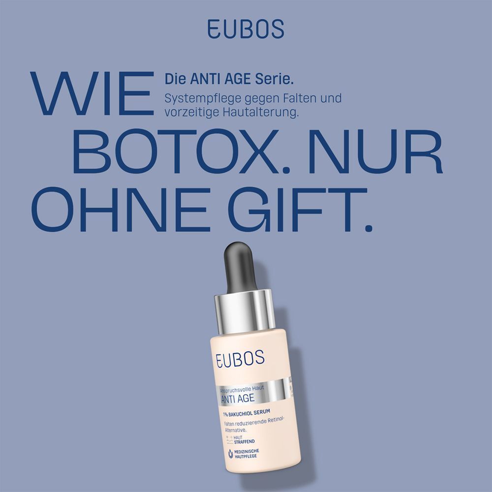 EUBOS ANTI AGE Serum mit Pipette. Text: Wie Botox. Nur ohne Gift. Hintergrund blau.