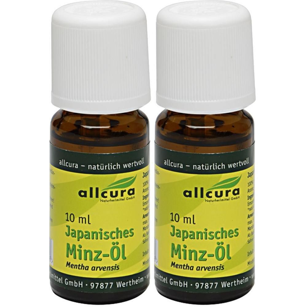 Zwei Flaschen mit weißem Deckel. Aufschrift: Japanisches Minz-Öl, 10 ml. Marke: allcura.