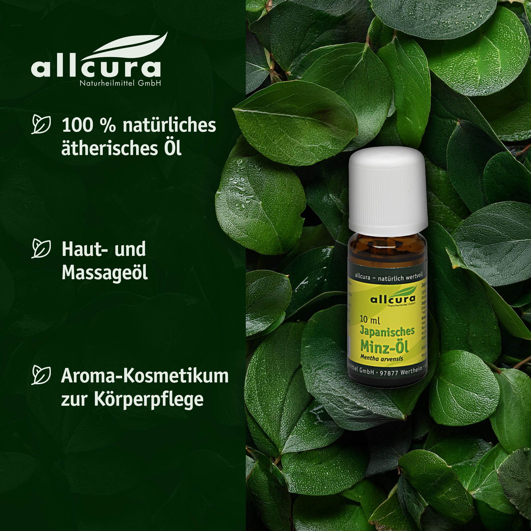Eine Flasche mit weißem Deckel vor grünem Hintergrund. Aufschrift: Japanisches Minz-Öl, 10 ml. Marke: allcura.